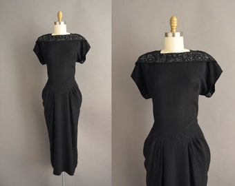 vintage 1950s | Gorgeous Jet Black Rayon Glass Beaded Cocktail Wiggle Dress | Medium | 50s dress