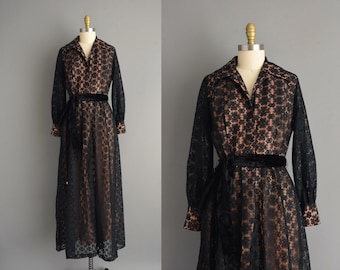1970s vintage dress | Peach & Black Long Sleeve Lace Full Length Dress | Medium