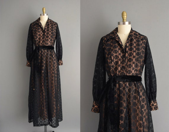 1970s vintage dress | Peach & Black Long Sleeve Lace Full Length Dress | Medium
