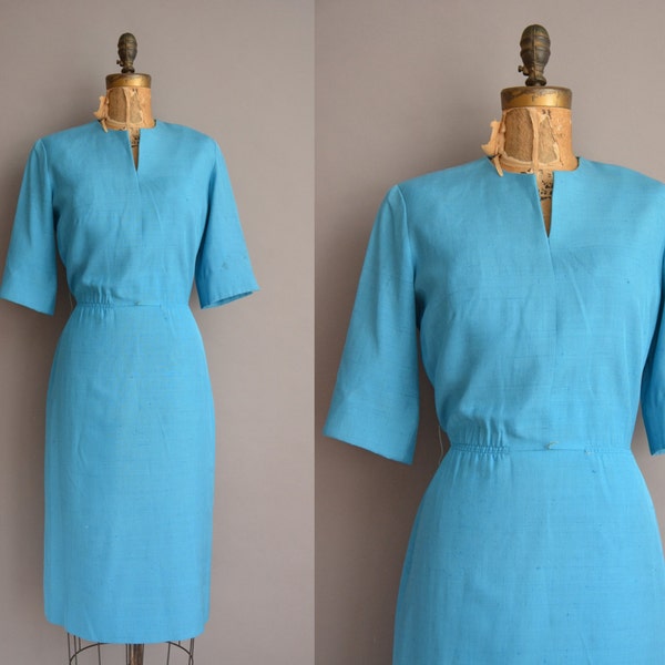 50s blue silk Ann Murray vintage wiggle dress / vintage 1950s dress