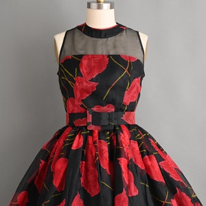 Vintage 1950s Dress Bold Red Poppy Floral Print Full Skirt Cocktail Dress small medium image 2