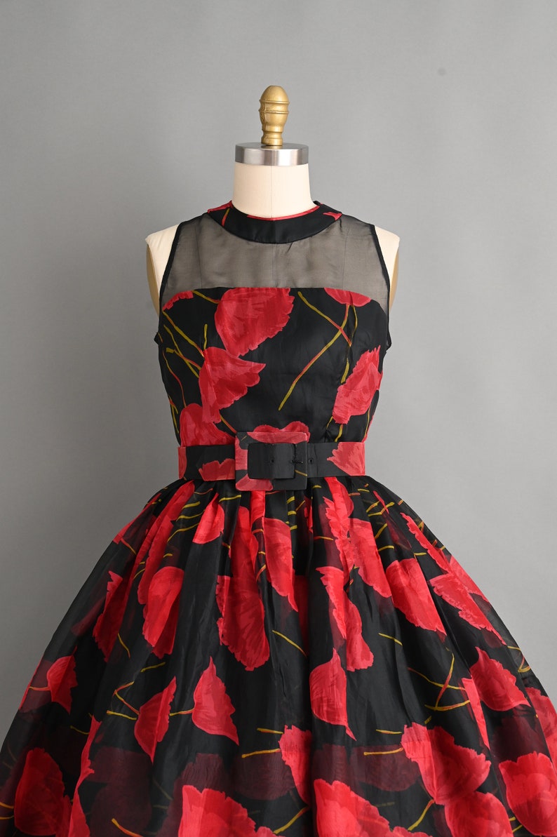 Vintage 1950s Dress Bold Red Poppy Floral Print Full Skirt Cocktail Dress small medium image 2