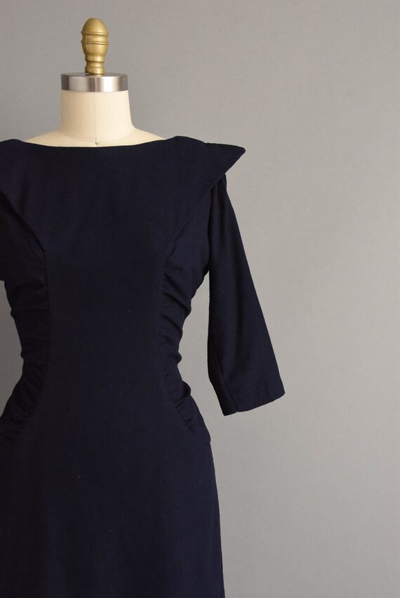 vintage 1950s dress | Gorgeous Navy Blue Wool Coc… - image 4
