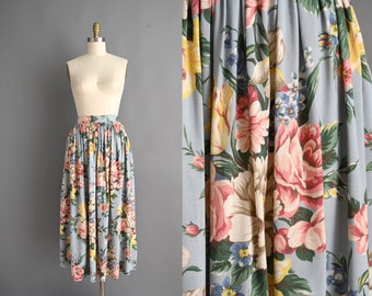 Vintage 1990s Skirt | Ralph Lauren Floral Print Rayon Skirt | Small Medium