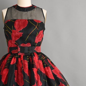 Vintage 1950s Dress Bold Red Poppy Floral Print Full Skirt Cocktail Dress small medium image 3