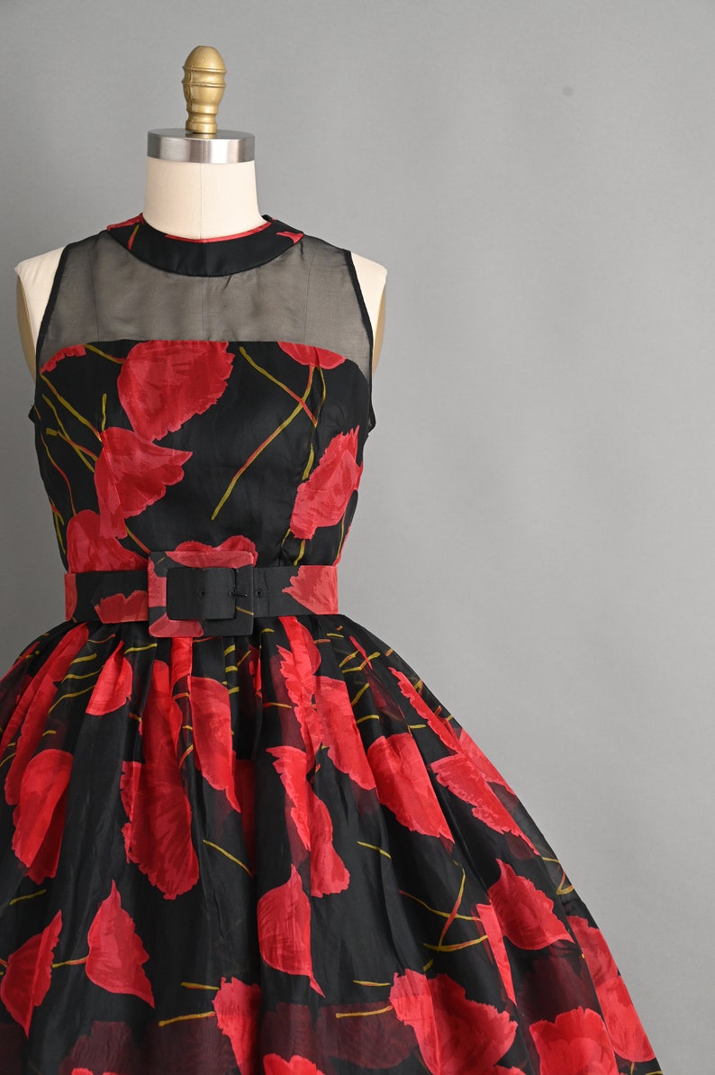 Vintage 1950s Dress Bold Red Poppy Floral Print Full Skirt Cocktail Dress small medium image 3