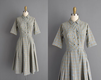 1950s vintage Plaid Cotton print Dress | XS |