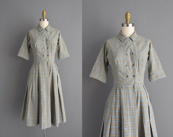 1950s Vintage Dress Green \u0026 Blue Plaid 