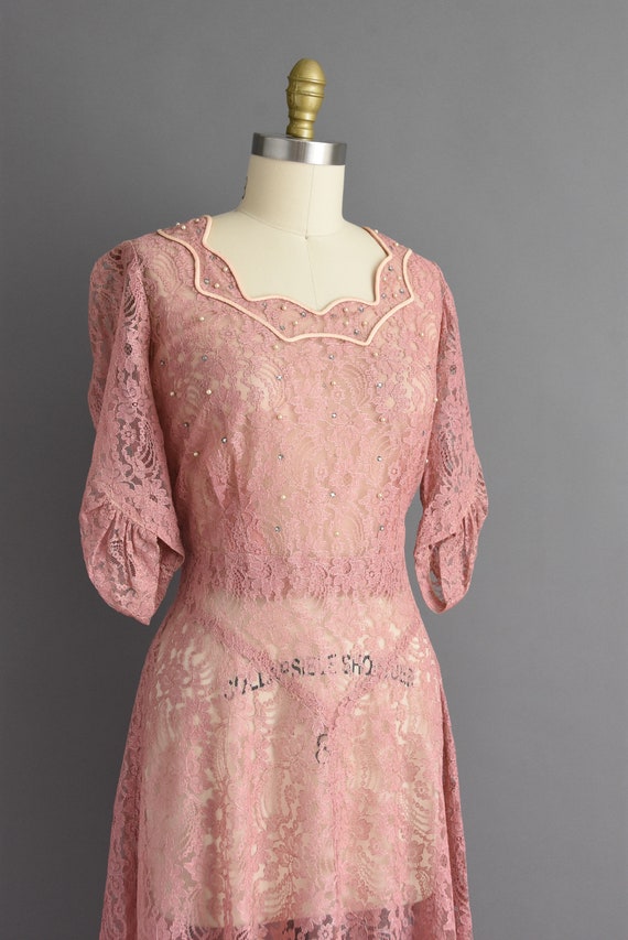 Vintage 1950s Rose Pink Rhinestone Lace Dress | L… - image 5