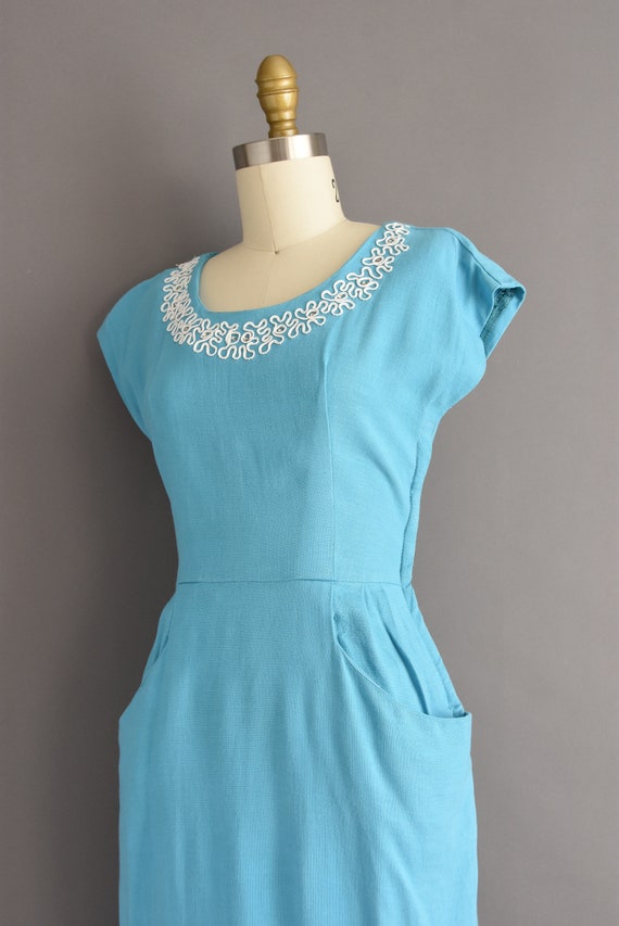 vintage 1950s | Beautiful Turquoise Blue Cotton L… - image 8