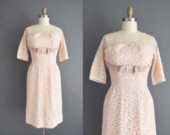 vintage 1950s dress | Small Medium | Leslie Fay cotton lace cocktail bridesmaid wiggle dress | 50s dress
