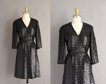 vintage 1950s dress |  50s dress black full sequin cocktail party dress | XS