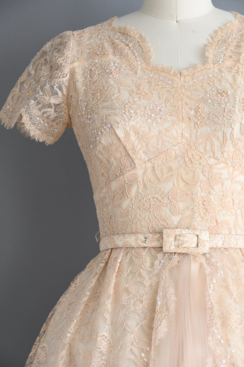 vintage 1950s Dress Vintage Sparkly Champagne Lace Cocktail Full Skirt Dress Small zdjęcie 10