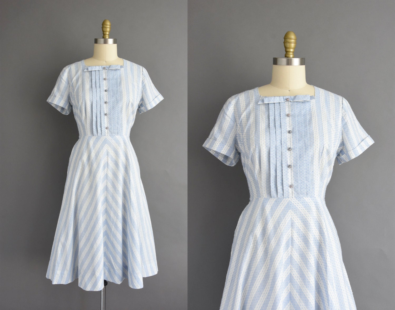 Vintage 1950s Blue & White Stripe Print Short Sleeve Full | Etsy