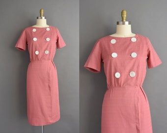 vintage 1950s Pink Rose Cotton Linen Mother Of Pearl Day Dress | Small |