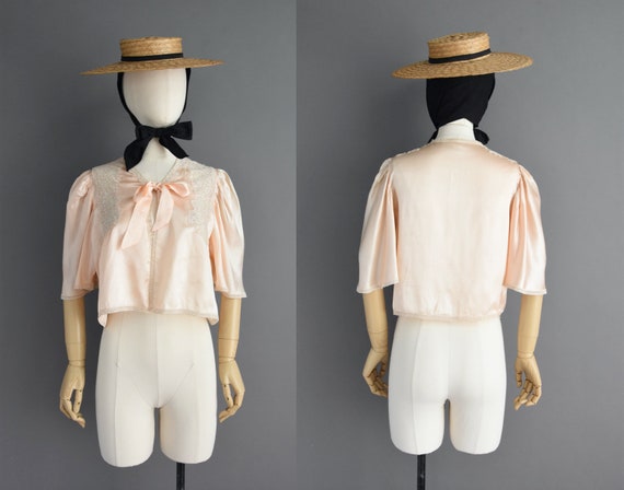 40s lingerie jacket | Pink satin lace puff sleeve