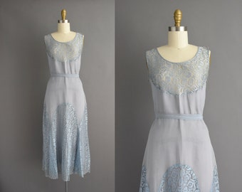vintage 1930s antique Blue lace Dress l Small
