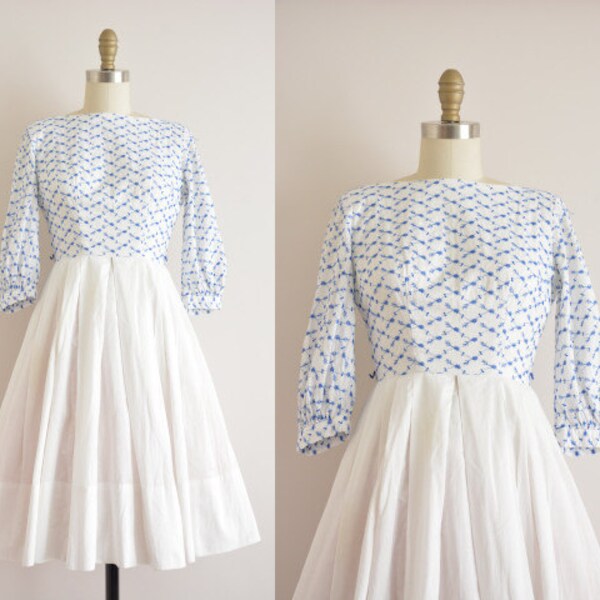 vintage 1950s dress / 50s white cotton dress / 1950s full skirt dress