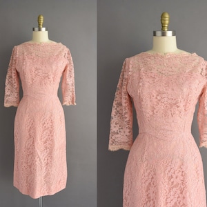 vintage 1950s dress l Pink Lace Wiggle Dress | Small Medium