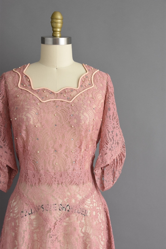 Vintage 1950s Rose Pink Rhinestone Lace Dress | L… - image 4