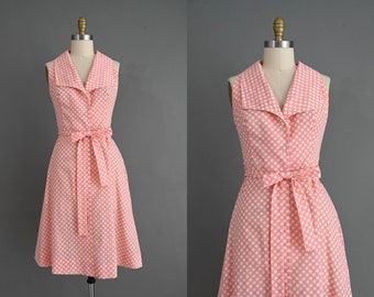 vintage 1970s dress | Peach Pink Polka Dot Cotton Summer Dress | Medium Large