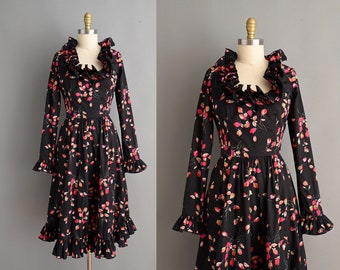 vintage 1960s Dress | Vintage Victor Costa Floral Print Long Sleeve Dress | Large