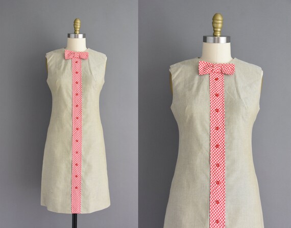 60s dress | Beige linen red gingham sleeveless sum