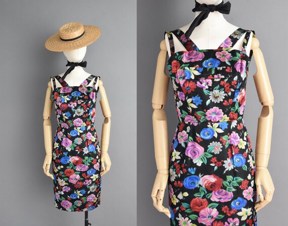 1950s vintage Gorgeous Floral Print Wiggle Dress … - image 1