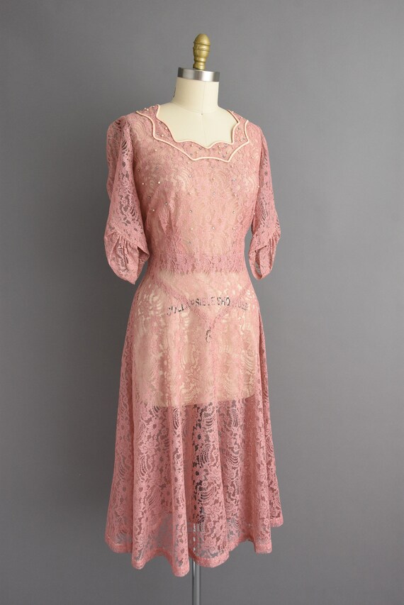 Vintage 1950s Rose Pink Rhinestone Lace Dress | L… - image 6