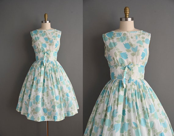 vintage 1960s Green & Blue Floral Print Full Skir… - image 1