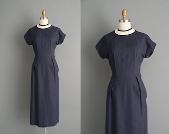 vintage 1950s Navy Blue Linen Dress I Small