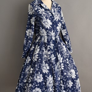 vintage 1960s Dress Vintage Navy Blue Floral Long Sleeve Shirt Waist Dress Medium Large image 6