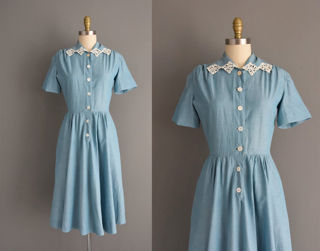 1950s Vintage Dress Chambray Cotton Short Sleeve Summer Day - Etsy
