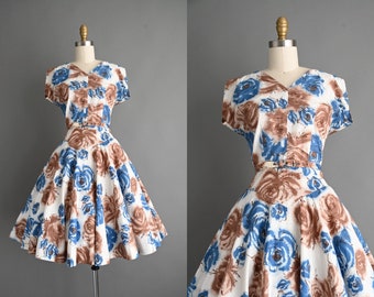 vintage 1950s dress | Brown & Blue Rose Floral Print Cotton Dress | Small
