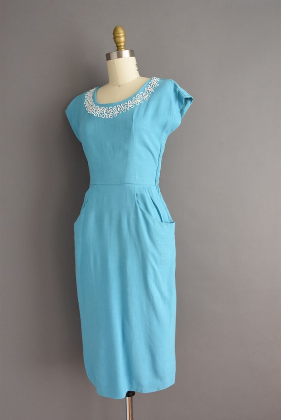 vintage 1950s | Beautiful Turquoise Blue Cotton L… - image 7