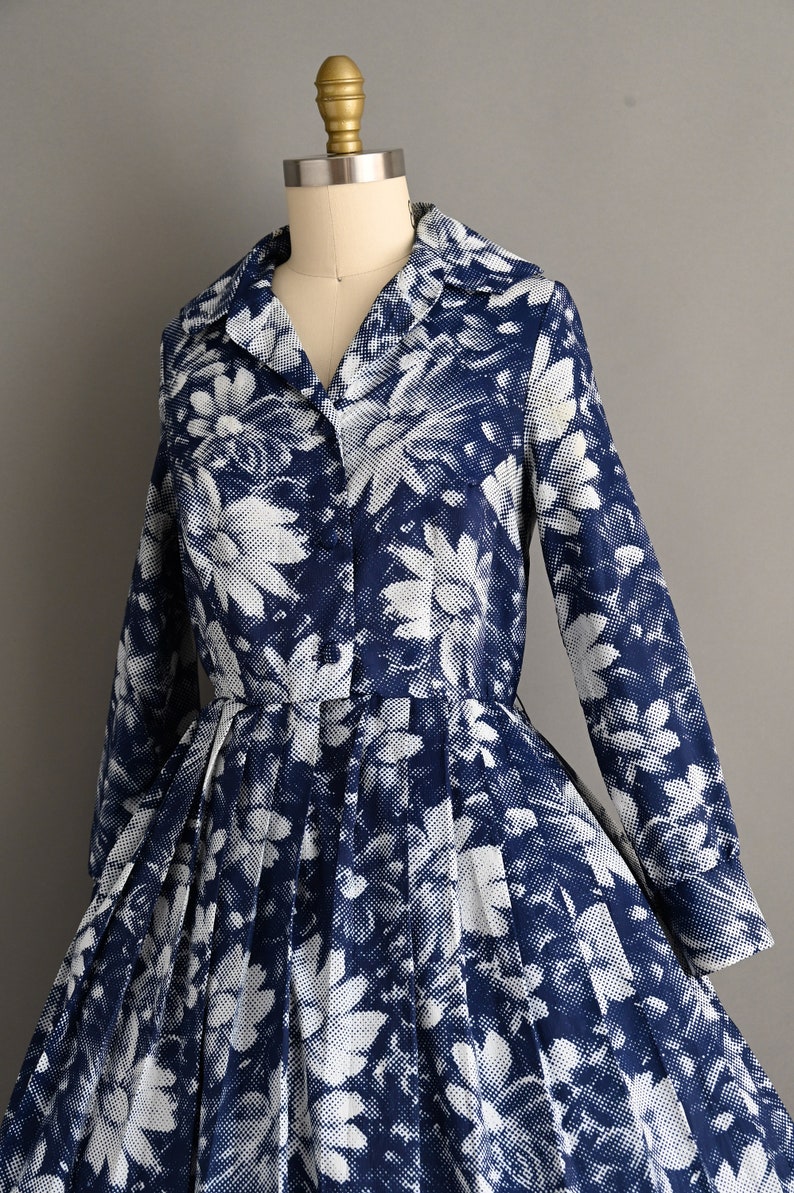vintage 1960s Dress Vintage Navy Blue Floral Long Sleeve Shirt Waist Dress Medium Large image 9