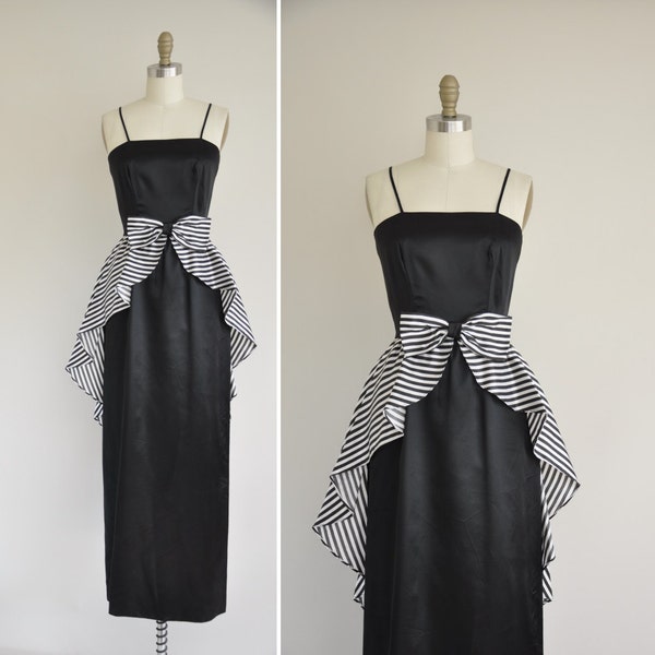 60s dress / 1960s vintage dress / black and white satin peplum party dress