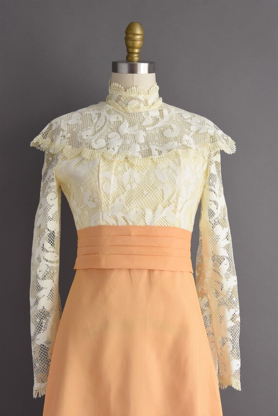 1970s vintage Golden Long Sleeve Lace Party Dress… - image 3