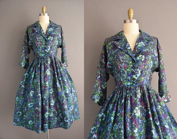 vintage 1950s | Gorgeous Blue & Green Floral print