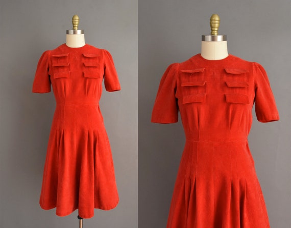 vintage 1940s dress | Candy Apple Red Corduroy Sh… - image 1