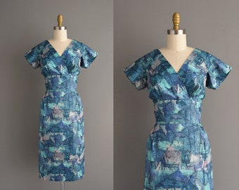 1950s vintage dress | Gorgeous Abstract Print Polished Cotton Pencil Skirt Wiggle Dress | Small | 50s dress