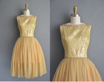 50s golden chiffon floral brocade vintage dress / vintage 1950s dress