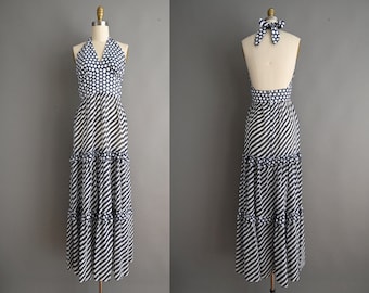 vintage 1970s Dress | Vintage Blue Polka Dot & Stripe Cotton Summer Halter Dress | Small