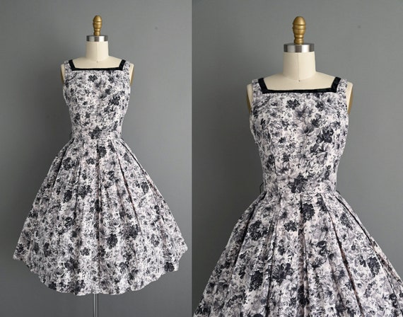 1950s Vintage Dress Pastel Pink Gray Floral Cotton Dress Small