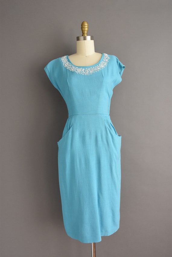 vintage 1950s | Beautiful Turquoise Blue Cotton L… - image 2