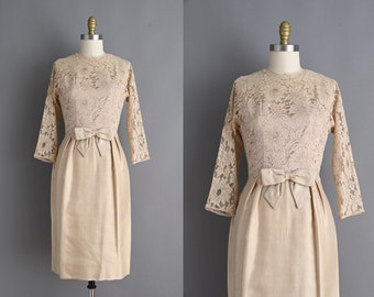 Vintage jaren 50-jurk | Ann Arnold Lace zijdebeige champagne cocktailparty wiebeljurk | Gemiddeld
