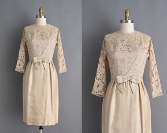 Vintage 1950s Dress | Ann Arnold Lace Silk Beige Champagne Cocktail Party Wiggle Dress | Medium