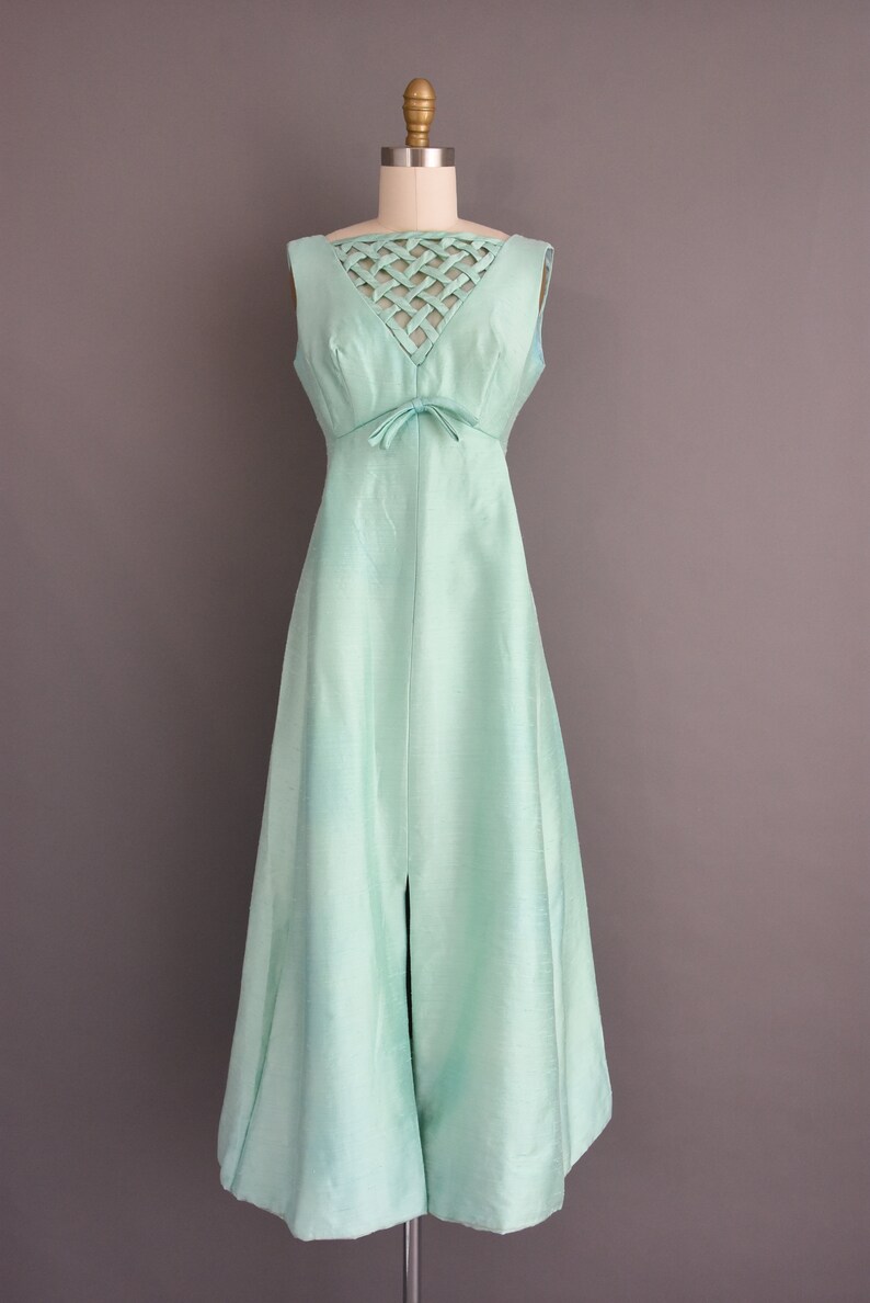 1960s vintage dress Mint Blue Silk Lattice Cocktail Party Bridesmaid Wedding Dress Medium image 2