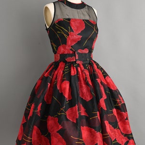 Vintage 1950s Dress Bold Red Poppy Floral Print Full Skirt Cocktail Dress small medium image 5
