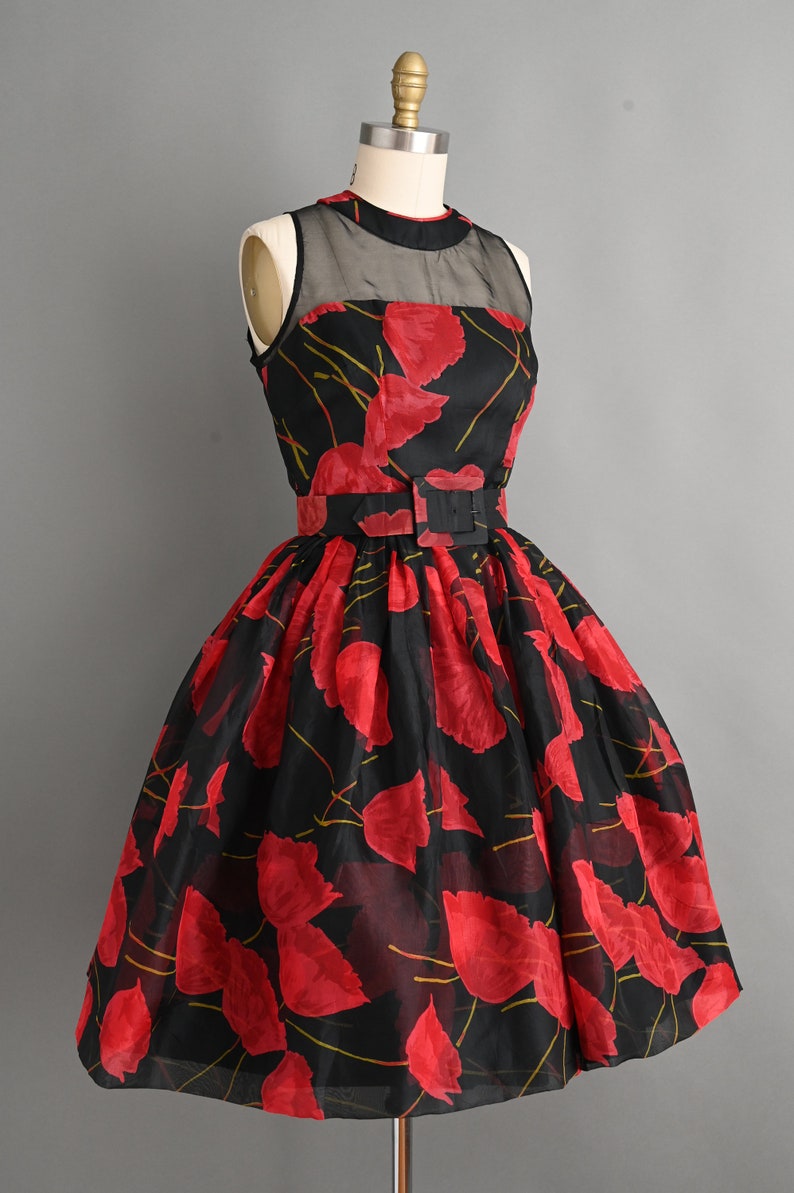 Vintage 1950s Dress Bold Red Poppy Floral Print Full Skirt Cocktail Dress small medium image 5